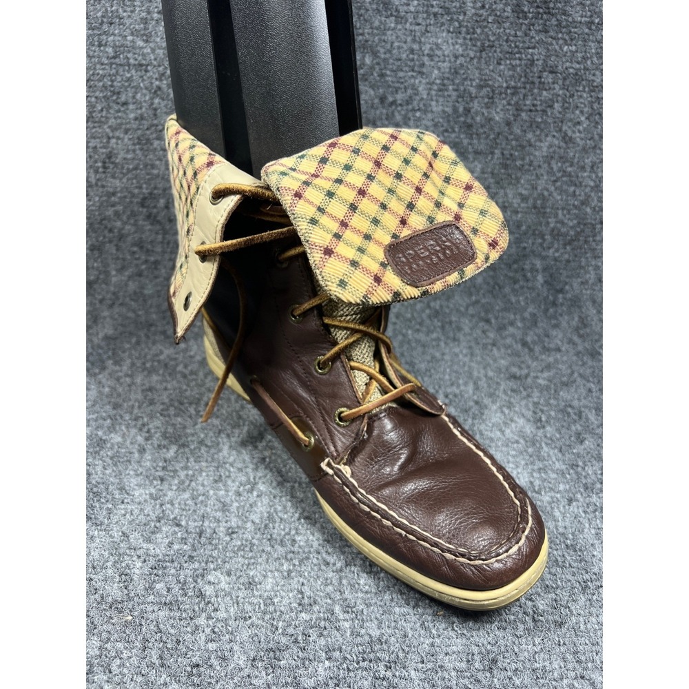 Sperry Top-Sider Women's Brown Leather Plaid Lined‎ Fold Over Boots 10M